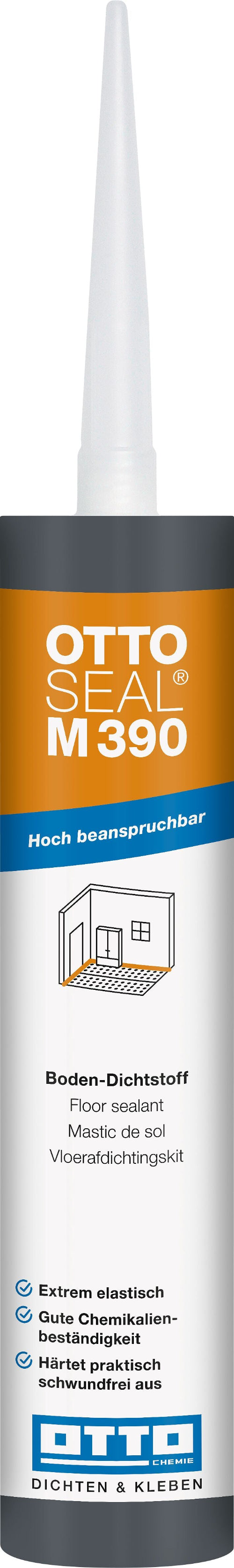 A tube of OTTO SEAL M390 high impact adhesive, featuring a white and orange label with German text and a small house icon.