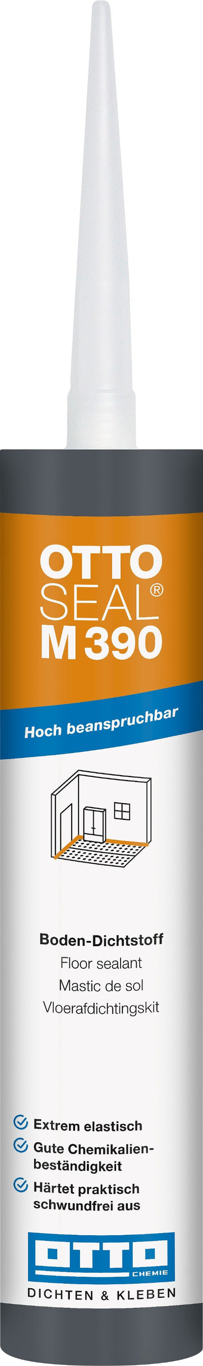 A tube of OTTO SEAL M390 high impact adhesive, featuring a white and orange label with German text and a small house icon.